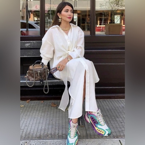 Zara oyster off white ivory shirt dress long mid knot waist bow blogger vacay S - Picture 3 of 11